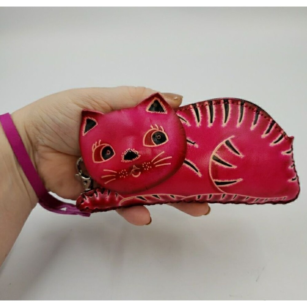 Cute Cat Kitten Leather Wristlet Wallet Handmade Coin Purse Animal Lover Gift